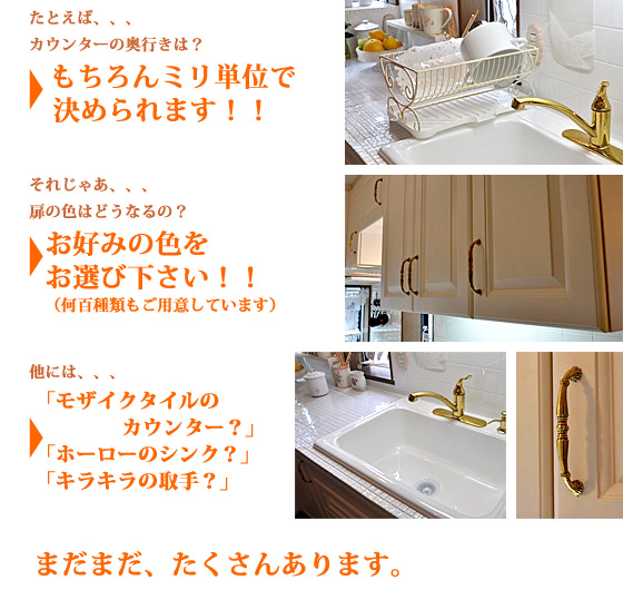 たとえば、、、カウンターの奥行きは?もちろんミリ単位で決められます!!それじゃあ、、、扉の色はどうなるの?お好みの色をお選び下さい!!(何百種類もご用意しています)他には、、、「モザイクタイルのカウンター?」 「ホーローのシンク?」 「キラキラの取手?」まだまだ、たくさんあります。